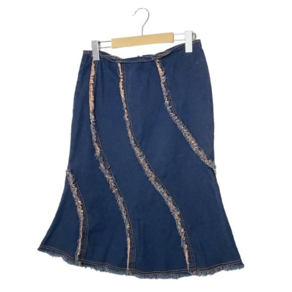 Y2K Prima Donna Skirt Boho Fringe Pull on Stretch Cotton Navy Denim 7